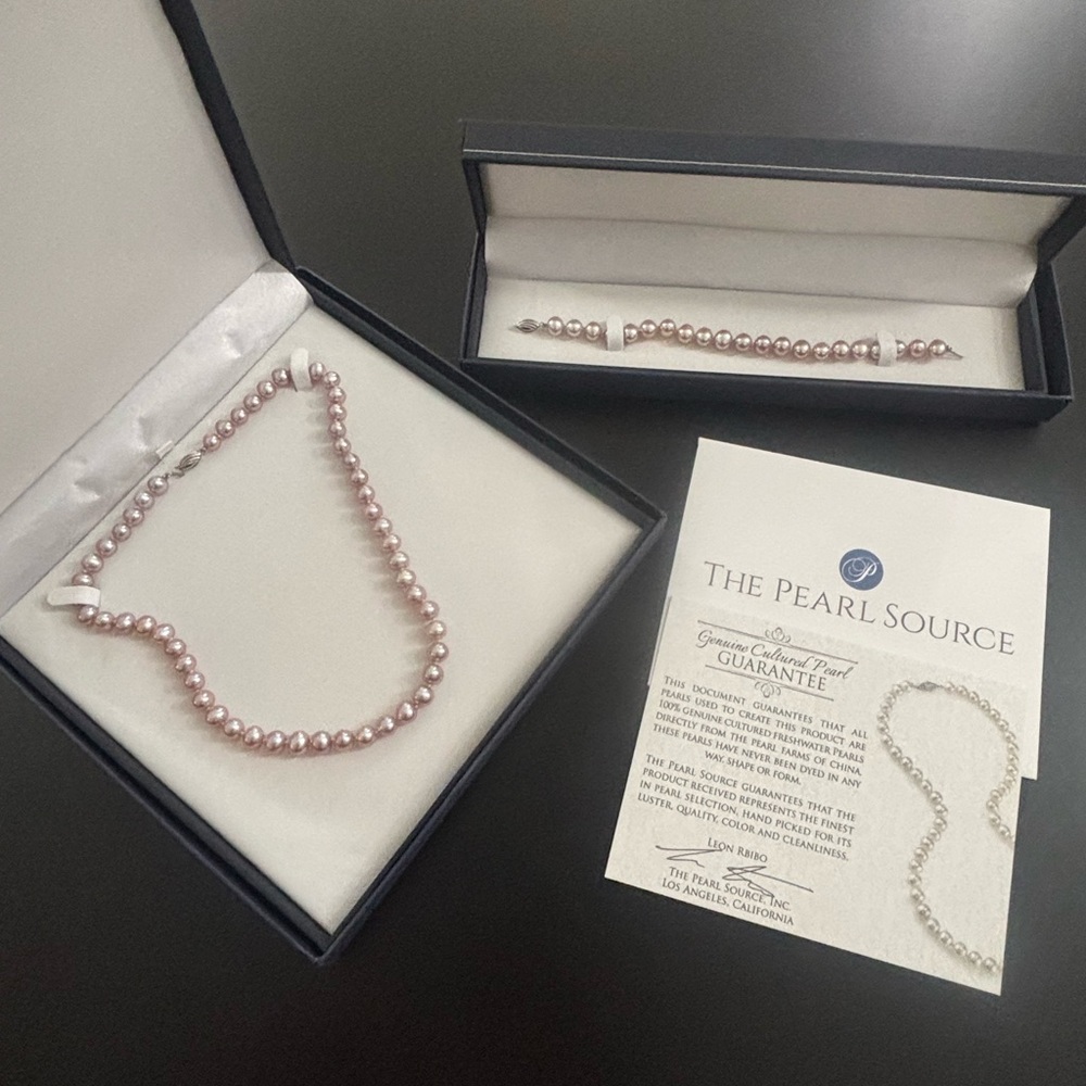 SET (2) The Pearl Source AAA Quality Pink Pearl Necklace and Bracelet Set New